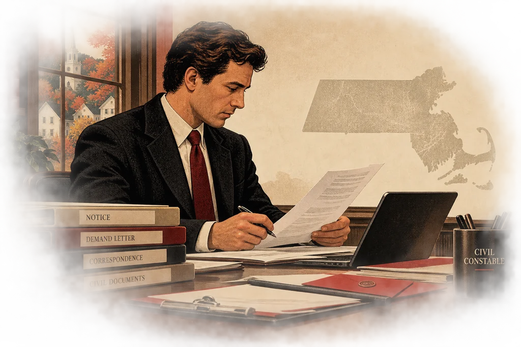 Illustration: a constable reviews a demand letter at his desk beside labeled binders for notices and correspondence.