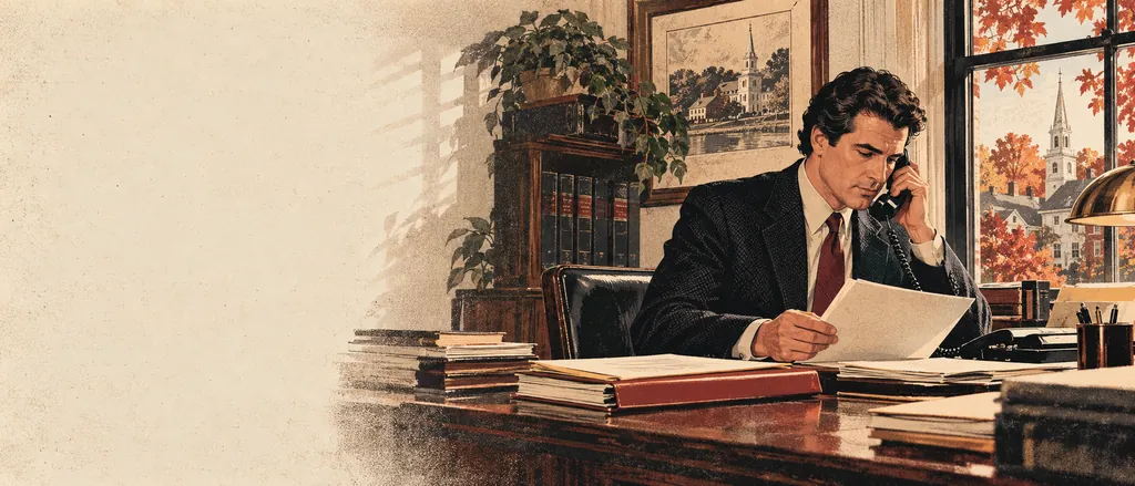 Illustration: a constable on the telephone reviews papers at a wooden desk beside an office window.