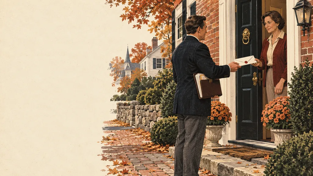 Illustration: a constable in a dark overcoat hands papers to a resident at the front door of a brick New England home in autumn.