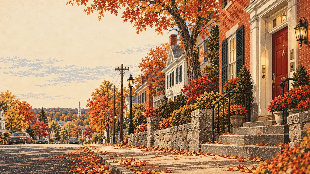 Illustration: a New England main street of brick and clapboard homes in full autumn color.
