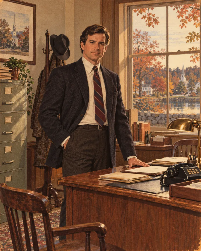 Illustration: a constable stands beside his wooden desk in an office overlooking an autumn lake and village.