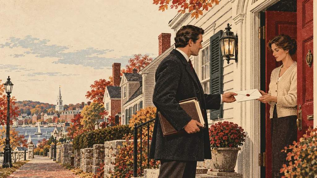 Illustration: a constable delivers an envelope to a woman at a red front door on an autumn street with a harbor and steeple behind.